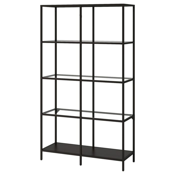 VITTSJÖ Shelving unit - black-brown/glass 100x175 cm